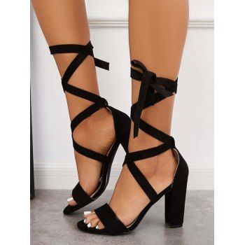 

Strappy Ribbon Open Toe Chunky High Heel Sandals, Black