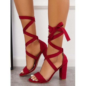 

Strappy Ribbon Open Toe Chunky High Heel Sandals, Red