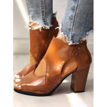 

Peep Toe Cut Out Vintage Chunky High Heel Sandals, Coffee