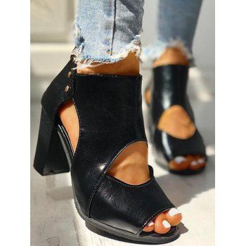 

Peep Toe Cut Out Vintage Chunky High Heel Sandals, Black