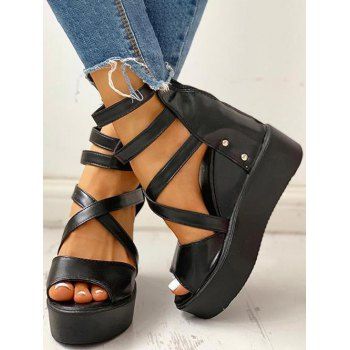 

Criss Cross Wedge Heel Buckle Strap Strappy Sandals, Black