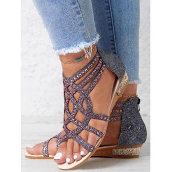 

Rhinestones Open Toe Roman Style Flat Sandals, Black