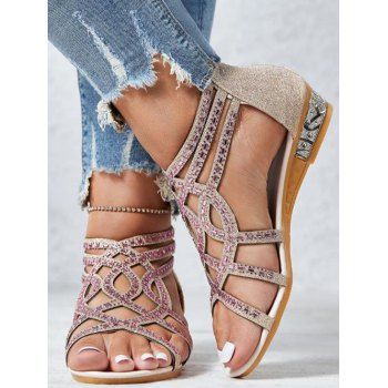 

Rhinestones Open Toe Roman Style Flat Sandals, Golden