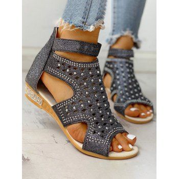 

Rhinestones Peep Toe Hollow Out Roman Style Gladiator Sandals, Black