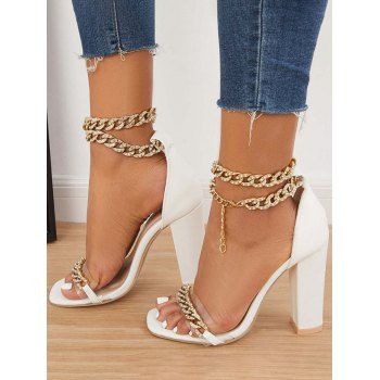 

Ankle Strap Chunky High Heel Chain Trendy Sandals, White