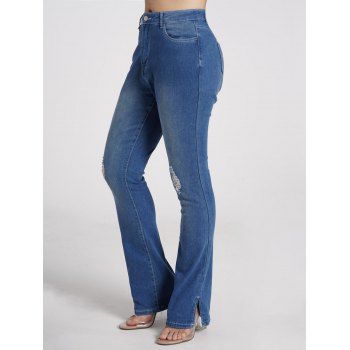 

Side Slit Middle Waist Jeans Pockets Zipper Casual Denim Pants, Blue