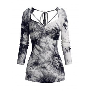 

Tie Dye Print Ruched Top Tie Back Long Sleeve Strappy Top, Black