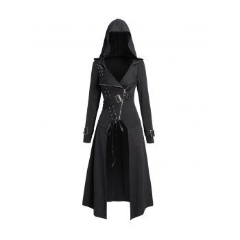 

Punk Gothic Hooded Coat Plain Color Lace Up Zip Coat, Black