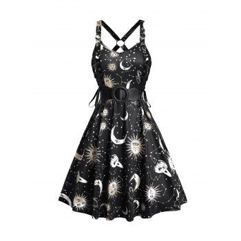 

Celestial Sun and Moon Print Dress Belt Decor O Ring Crisscross Dress, Black