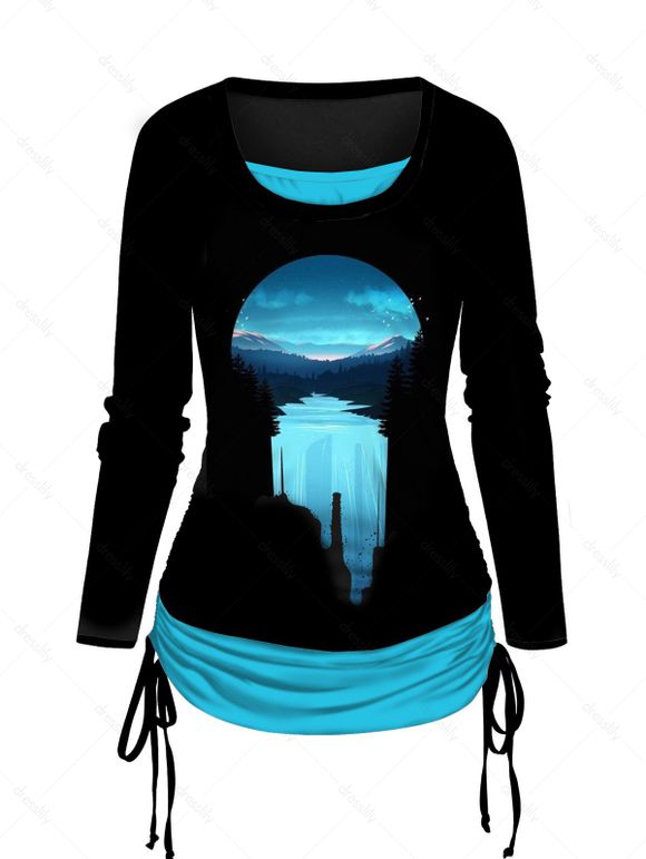 T-shirt à Imprimé Lune et Forêt Faux Deux Pièces Cintré à Côté - Bleu XXL