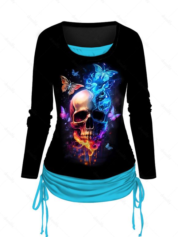Halloween Skull and Butterfly Print T Shirt Cinched Side Faux Twinset Tee - LIGHT BLUE XXL