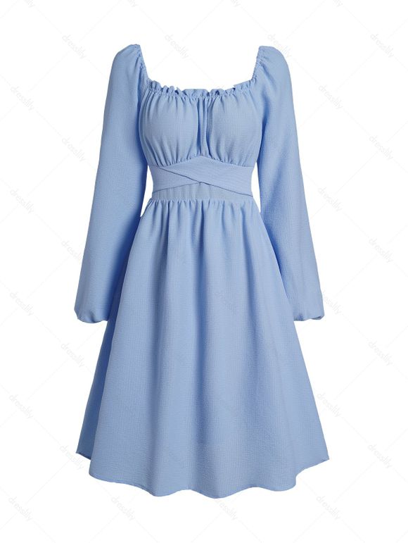 Square Neck Self Belted Dress Plain Color Long Sleeve Casual Dress - LIGHT BLUE XL