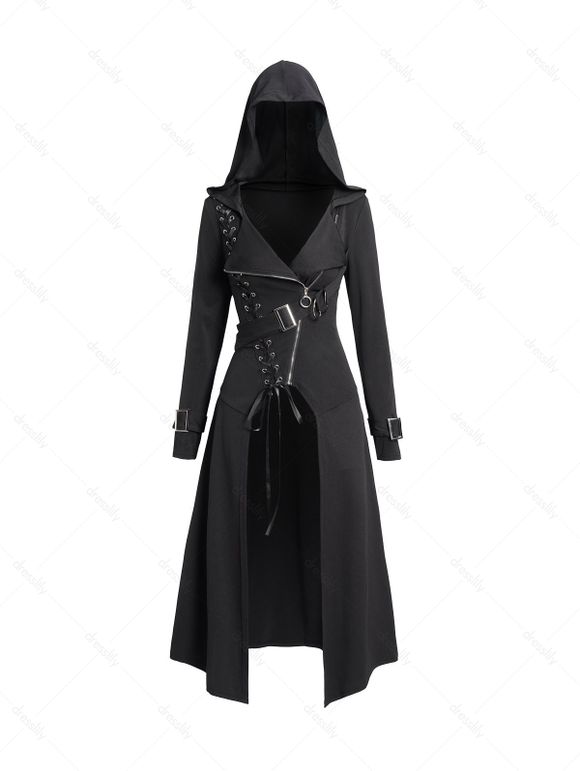 Punk Gothic Hooded Coat Plain Color Lace Up Zip Coat - BLACK M