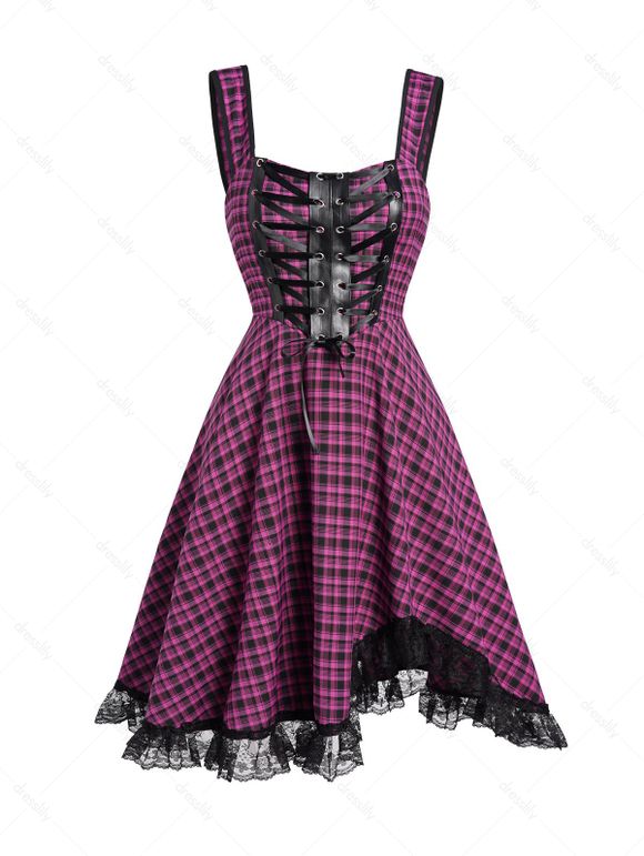 Mini Robe à Imprimé Carreaux Zippée Au Dos sans Manches à Ourlet en Dentelle - Pourpre S