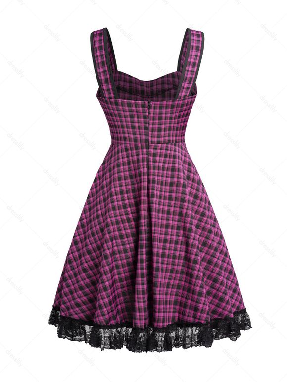 Mini Robe à Imprimé Carreaux Zippée Au Dos sans Manches à Ourlet en Dentelle - Pourpre S