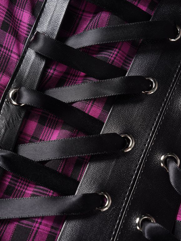 Mini Robe à Imprimé Carreaux Zippée Au Dos sans Manches à Ourlet en Dentelle - Pourpre S