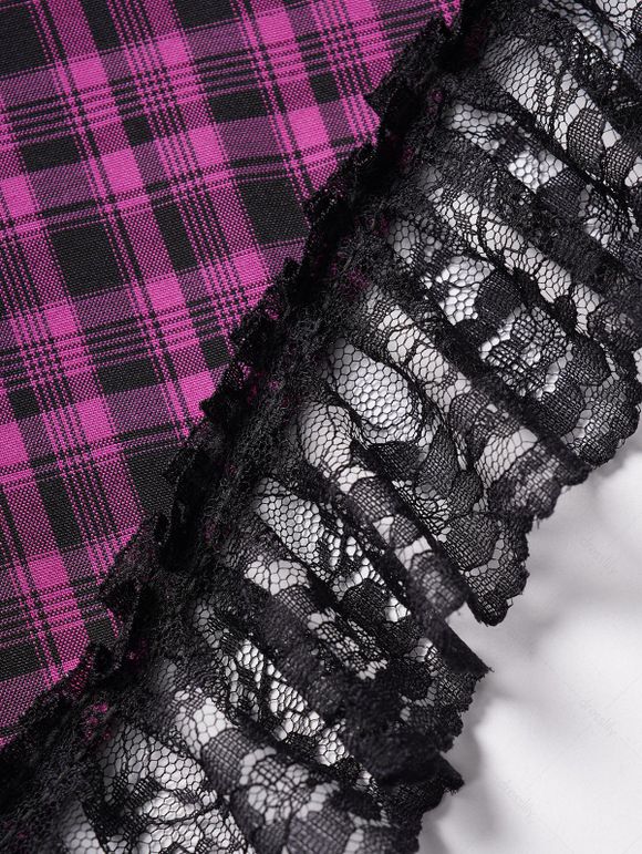 Mini Robe à Imprimé Carreaux Zippée Au Dos sans Manches à Ourlet en Dentelle - Pourpre S