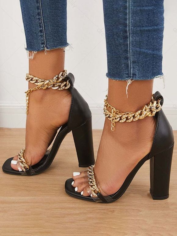 Ankle Strap Chunky High Heel Chain Trendy Sandals - Noir EU 42