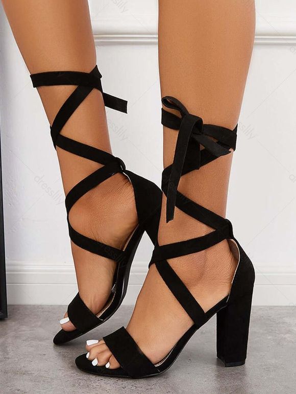 Strappy Ribbon Open Toe Chunky High Heel Sandals - Noir EU 35