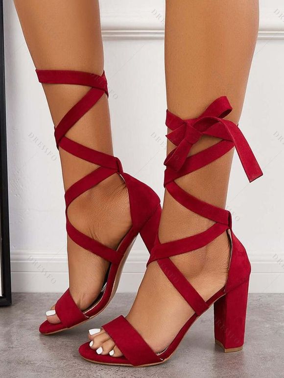 Strappy Ribbon Open Toe Chunky High Heel Sandals - Rouge EU 42