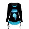 T-shirt à Imprimé Lune et Forêt Faux Deux Pièces Cintré à Côté - Bleu XXL