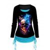 T-shirt D'Halloween à Imprimé Crâne et Papillon Faux Deux Pièces - Bleu clair M