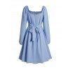 Square Neck Self Belted Dress Plain Color Long Sleeve Casual Dress - LIGHT BLUE XL