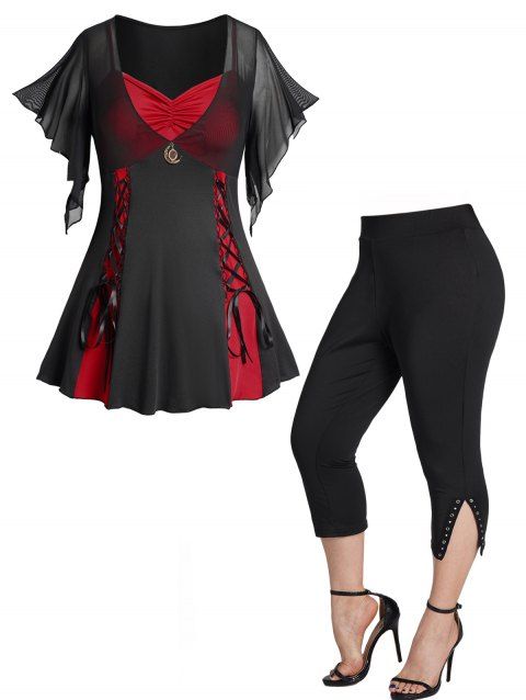 Plus Size Colorblock Lace Up Gothic Top and Grommet Rivet Slit Capri Leggings Outfit