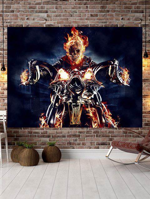 Halloween Decoration Fire Skeleton Motorcycle Print Hanging Wall Tapestry
