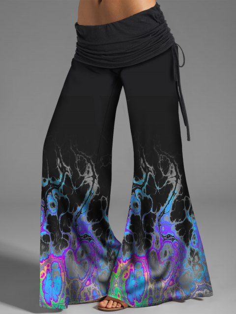 Psychedelic Flame Print Wide Leg Pants Cinched Ruched Foldover Loose Flare Pants