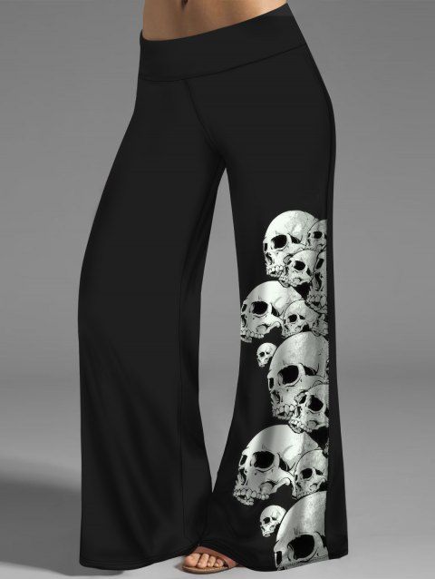 Skull Print Wide Leg Pants Elastic Waist Casual Long Loose Pants