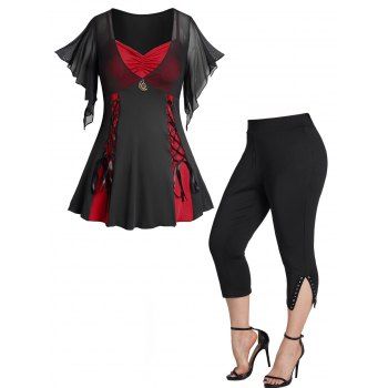 

Plus Size Colorblock Lace Up Gothic Top and Grommet Rivet Slit Capri Leggings Outfit, Red