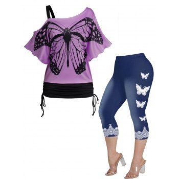 

Plus Size Butterfly Print Skew Neck T Shirt and Cropped Capri Leggings Outfit, Light purple