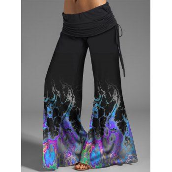 

Psychedelic Flame Print Wide Leg Pants Cinched Ruched Foldover Loose Flare Pants, Black