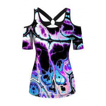 

Psychedelic Print Top Cold Shoulder O Ring Trendy Top, Multicolor