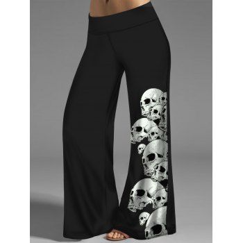 

Skull Print Wide Leg Pants Elastic Waist Casual Long Loose Pants, Black
