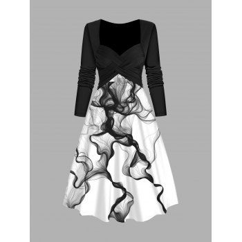 

Ink Painting Print Dress Colorblock Sweetheart Collar Midi Dress, White