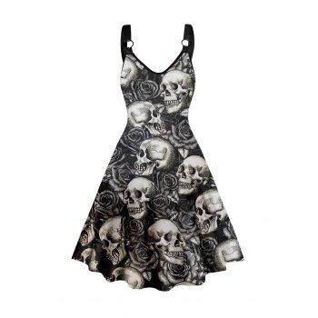 

Halloween Skull Print Dress Sleeveless O Ring V Neck A Line Dress, Black