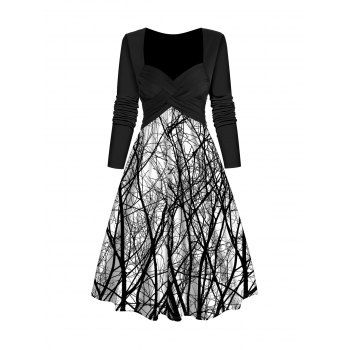 Branch Print Dress Sweetheart Collar Crossover Midi Dress, Black