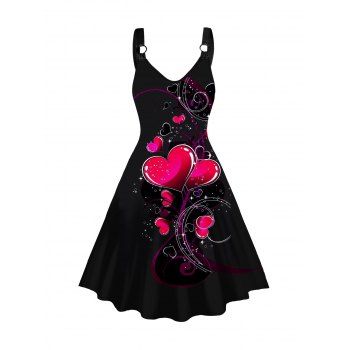 

Heart Print A Line Dress Sleeveless O Ring Casual Midi Dress, Black