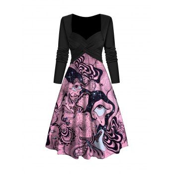 

Abstract Print A Line Dress Sweetheart Collar Crossover Midi Dress, Light pink