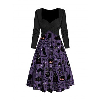 

Halloween Skull Print Dress Gothic Sweetheart Collar Crossover Midi Dress, Concord