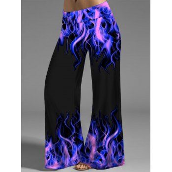 

Fire Flame Print Wide Leg Pants Long Elastic Waist Casual Loose Pants, Black