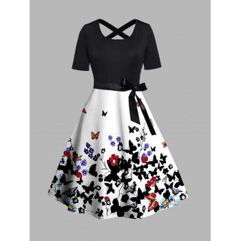 

Plus Size Butterfly Print Dress Belt Crossover A Line Midi Dress, Multicolor a