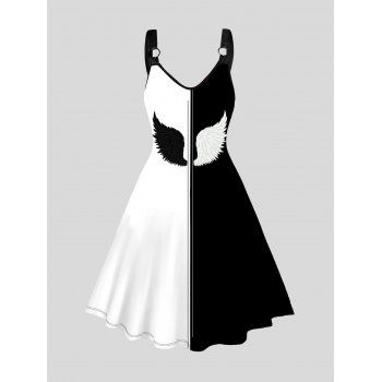 

Wing Print Colorblock Dress Two Tone Sleeveless O Ring A Line Dress, Black