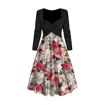 

Flower Print A Line Dress Sweetheart Collar Casual Midi Dress, Black