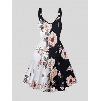 

Flower Print Two Tone Dress O Ring V Neck A Line Dress, Black