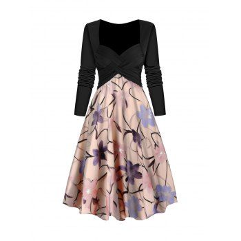 

Flower Print A Line Dress Sweetheart Collar Crossover Midi Dress, Light pink