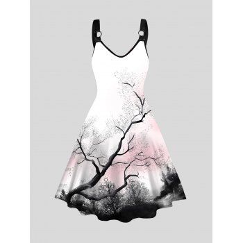Ink Painting Print Dress Sleeveless O Ring A Line Midi Dress, White