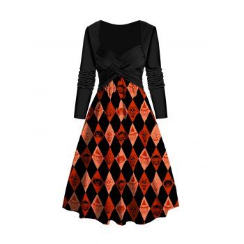 

Halloween Skull Print Dress Crossover Sweetheart Collar Midi Dress, Orange